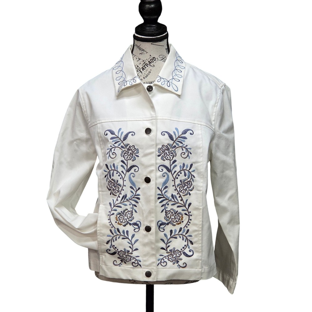 Draper's & Damon's Petites Jacket PM White Blue Embroidered Floral Art to Wear